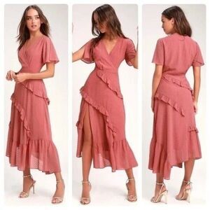 Lulu’s- Next to You Blush Pink Swiss Polka Dot Tiered Short Sleeve Maxi Dress- M
